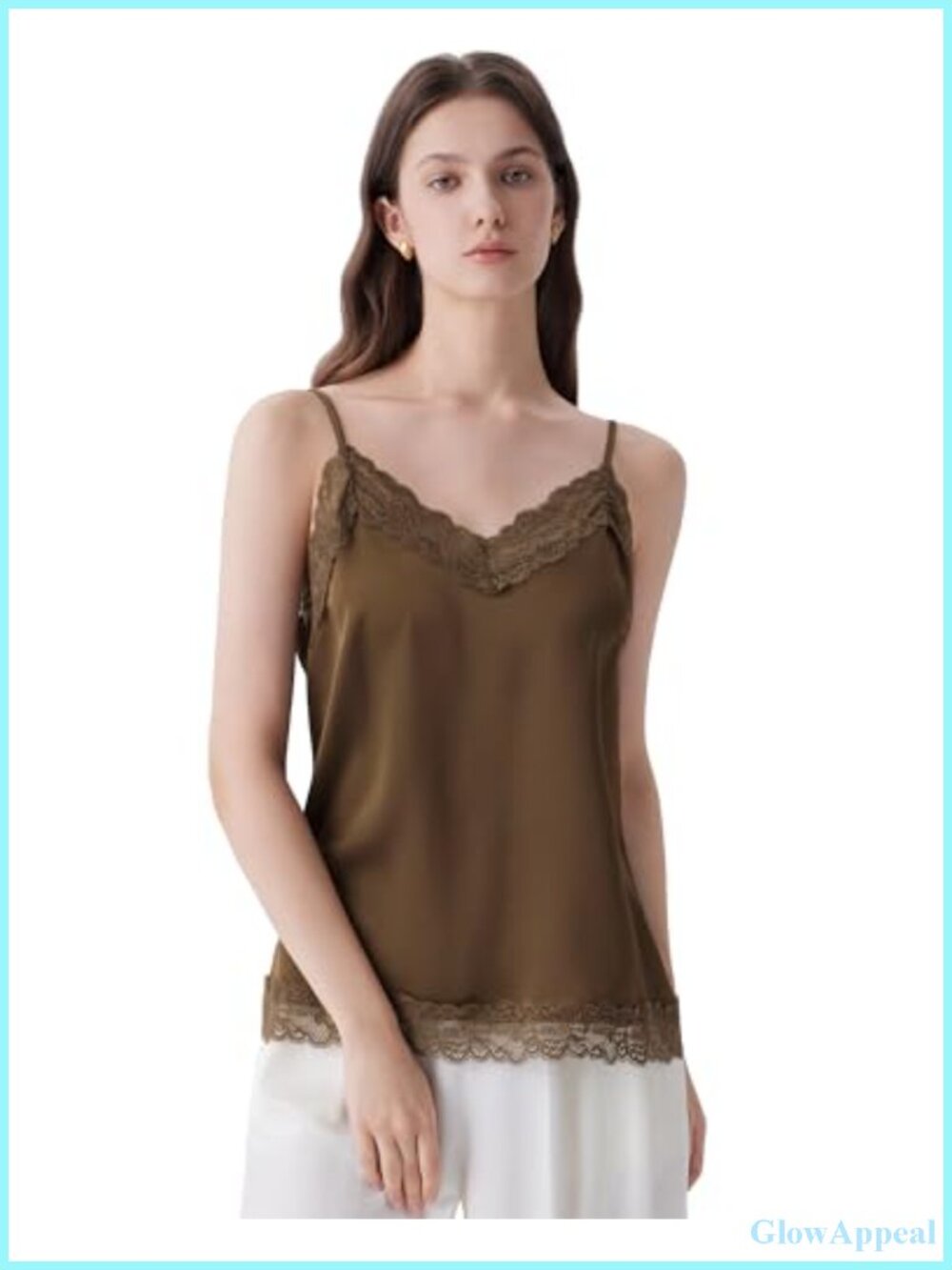 Women Silk Satin Camisole Top V Neck Lace Trim Tank Top Sleeveless Summer Shirt